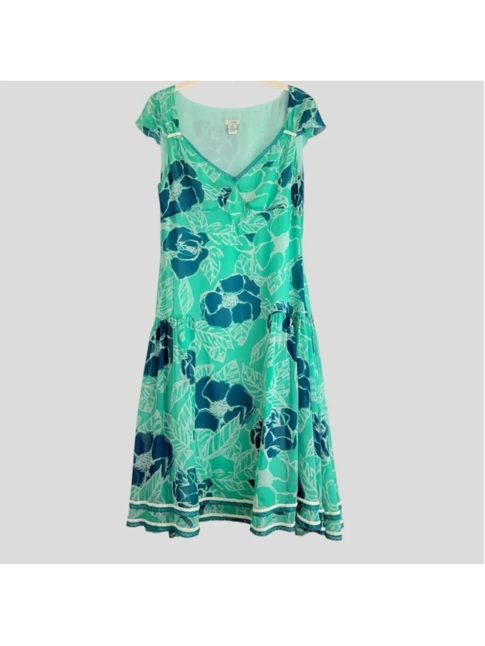 Odille 100 Silk Sheer Drop Waist Dress 6 Teal Floral Velvet Lace 90s Whimsigoth - Picture 15 of 16